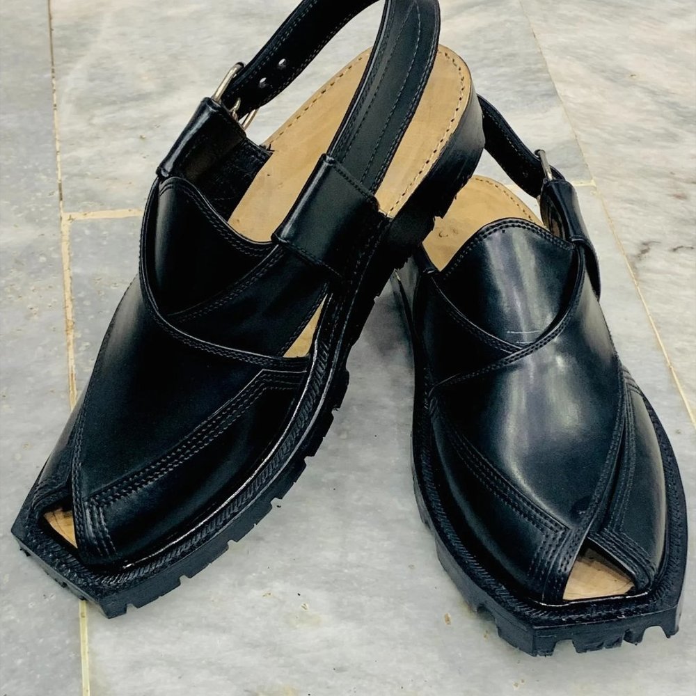 Handcrafted Black Leather Peshawari Chappal Sandals
